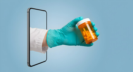 Gloved Hand Emerges From Phone Holding Pill Bottle on Blue Background