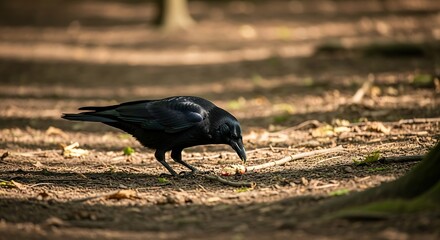 Fototapeta premium A solitary crow searches for food amidst the fallen leaves and twigs of the forest ground in soft