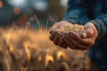 Farmer's hands gently cupping a handful of wheat grains against a softly blurred backdrop of a golden wheat field and overlaid with a subtle candlestick chart suggesting market fluctuations