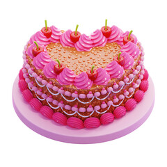 3D Cake with Pink Frosting and Cherries Illustration