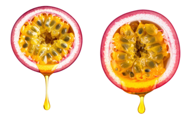 Sliced Passion Fruit Showing Interior Sections and Oil Drip with Vibrant Yellow and Purple Tones Against Transparent Background