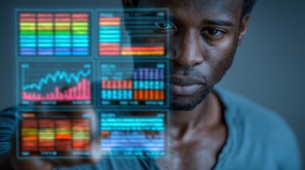 Businessman interacts with glowing holographic analytics in neon-lit space, futuristic UI floats mid-air in photorealistic high-tech environment.