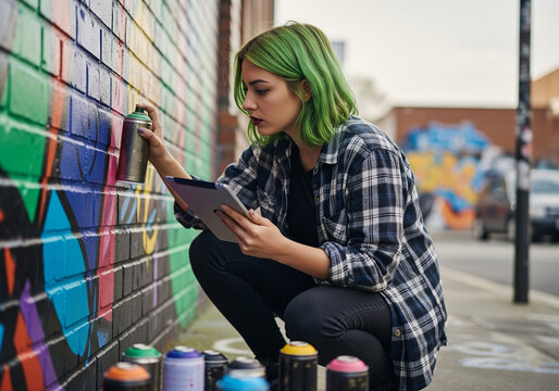 Green-Haired Girl Painting Graffiti Mural with Tablet Reference &ndash; Urban Street Art, Gen Z Creativity, Digital-Analog Fusion, Female Graffiti Artist in Action
