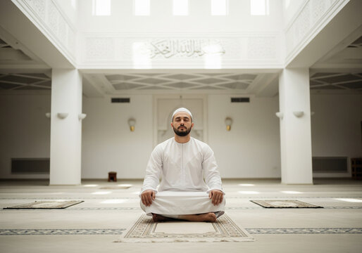 Muslim Man Meditating Silently in Minimalist Mosque Interior &ndash; Islamic Mindfulness, Spiritual Reflection, and Peaceful Worship in Contemporary Sacred Space