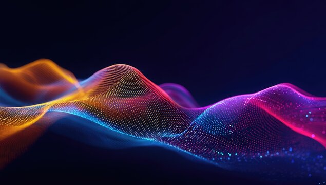 Abstract digital art depicting flowing, vibrant waves of light particles in a dark background, creating a sense of movement and energy - Powered by Adobe