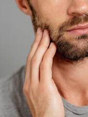 Naklejka premium Itchy jawline. Man rubs jawline due to invisible itching.