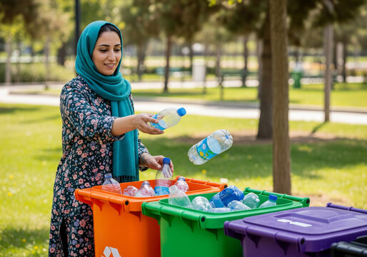 Woman in Hijab Recycling Plastic Bottles into Colorful Bins &ndash; Inclusive Environmental Action, Sustainable Urban Lifestyle, and Community Eco Awareness Representation