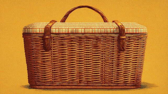 Wicker basket with handle & strapped checkered cover on yellow background in this illustration