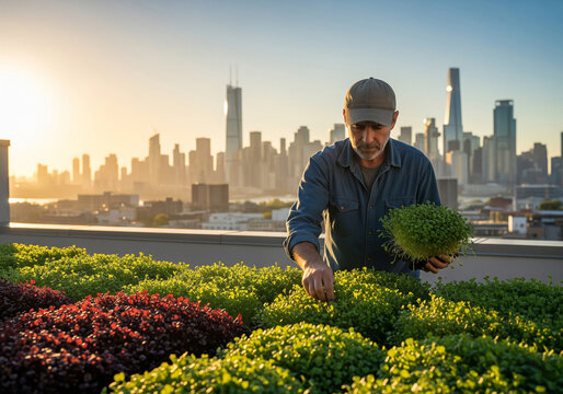 Urban Farmer Harvesting Microgreens on Rooftop at Sunrise &ndash; Sustainable City Farming, Eco Lifestyle in Urban Environment, Organic Food Movement, and Green Living Trend