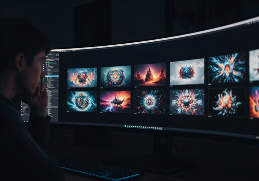 Person Browsing Generated Images on Ultra-Wide Monitor &ndash; AI Art Workflow, Generative Design Inspiration, Digital Creator at Work, and Modern Image Generation Interface