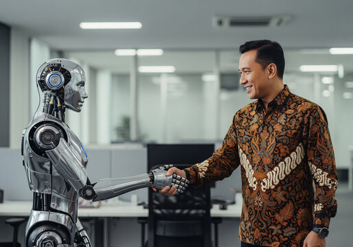 Man in Batik Shirt Shaking Hands with Humanoid Robot in Modern Office &ndash; Human-Robot Collaboration, Indonesian Tech Culture, AI Integration in Business, and Future of Work