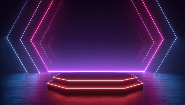 A two-tiered, octagonal platform glows with red neon, centered in a dark room framed by vibrant pink and blue neon hexagons.  The scene is sleek and futuristic - Powered by Adobe