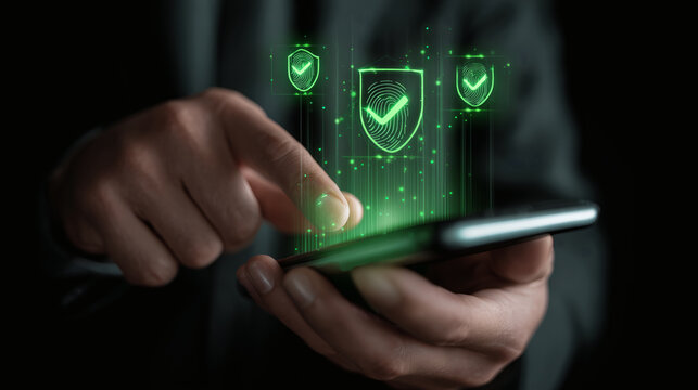 A user authenticating with multi-factor security.	A person uses a smartphone, and a holographic interface shows multiple layers of security (password, fingerprint, face scan) being verified.
