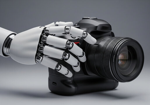 Robot Hand Holding DSLR Camera &ndash; Concept of AI-Generated Art, Machine Creativity, and the Intersection of Robotics and Human Artistic Expression in the Future of Visual Technology