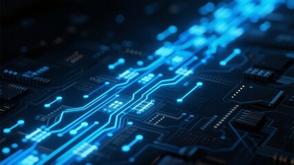 Close-up of a glowing blue circuit board with intricate pathways and electronic components.