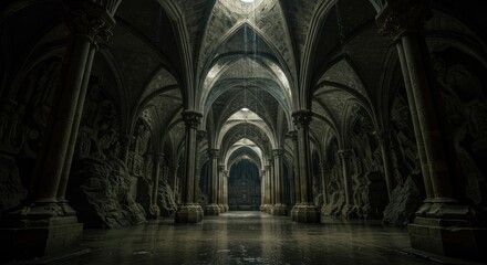 Gothic Crypt: Waterlogged Stone Columns & Archways, Mysterious Low-Light Ambiance
