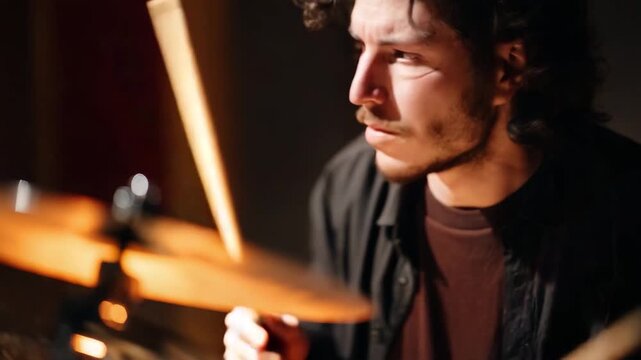 A dramatic close-up of a focused drummer playing passionately, with intense expression and motion, conveying the dynamic energy and emotional depth of live music performance.
