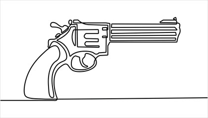 Continuous line art drawing of gun. One line drawing the gun, police gun vector illustration, Gun, weapon, handgun icon. Continuous line, weapon, pistol line art vector illustration.