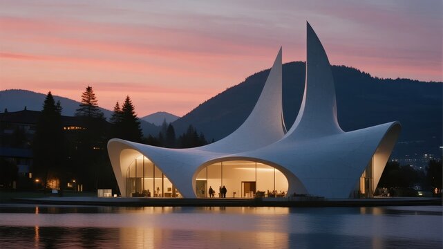 Modern Architectural Structure with Unique Curved Design at Sunset