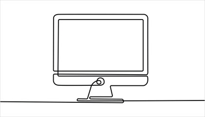 Computer monitor or TV screen continuous one line drawing clear design, Black and white vector minimalistic linear illustration, Continuous one line drawing of computer monitor vector illustration. 