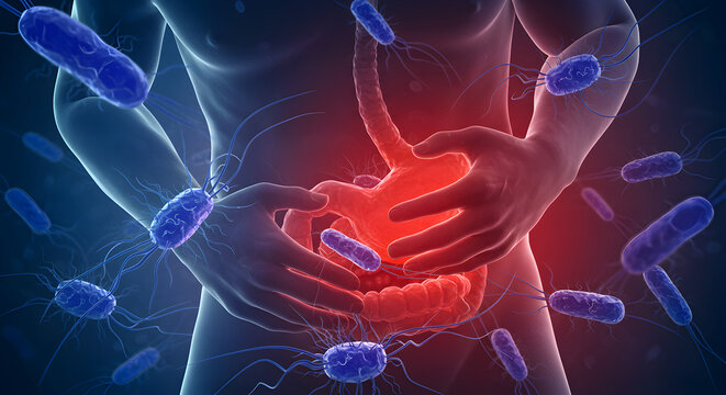 Medical Illustration of Abdominal Pain with Blue Bacteria on a White Torso