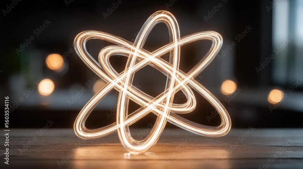 Poster glowing atom symbol representing fundamental elements of quantum currency visualizer conceptual desi