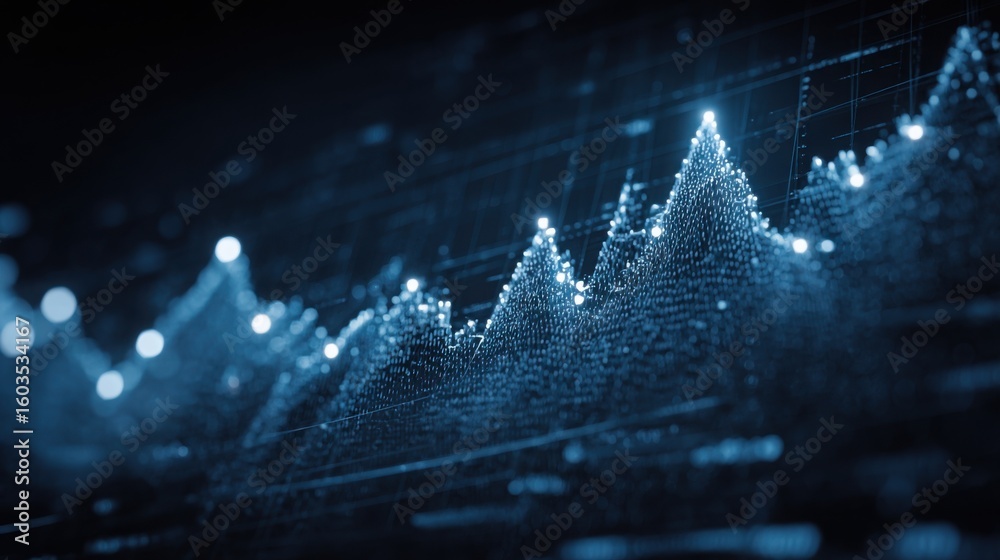 Poster graph on computer screen displaying economic signals in a quantum economic signals conceptual visual