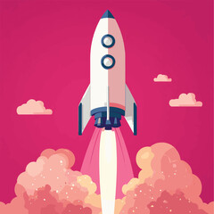 Fototapeta premium Pink rocket launching towards success vibrant colors dynamic design, vector style simple color