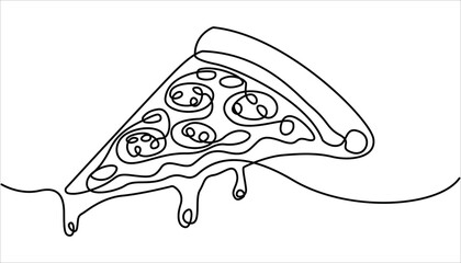 
One line Drawing or illustration of slice of pizza with pepperoni and mushrooms, Pizzeria Continuous Line Illustration, One line drawing illustration of Italian pizza. Fast food, junk food pro.