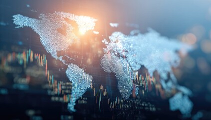 An abstract world map composed of luminous particles overlays a dark background displaying financial data charts, suggesting global market trends and interconnectedness