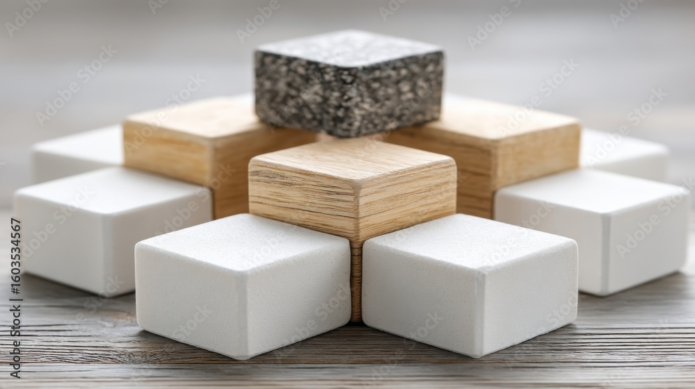 Poster a wooden block with a white cube and a black cube representing predictive models in quantum interest