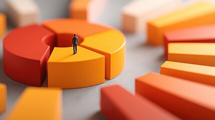 Person standing confidently on a large pie chart representing data analysis and statistical insight in a business context