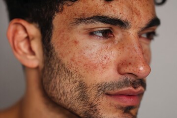 Fototapeta premium Latin man has redness on his nose and cheekbones Red spots along his nose and cheekbones from irritated skin