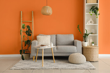 Interior of stylish living room with sofa, ladder and shelf unit