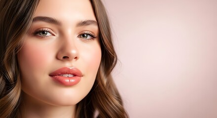Naklejka premium Elegant beauty portrait of a young woman with soft makeup and perfect skin near pink background