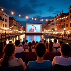 Outdoor cinema experience with audience watching a film in Venice, Italy.
