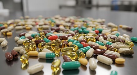 A Variety of Pharmaceutical Capsules and Pills Scattered on a Shiny Surface