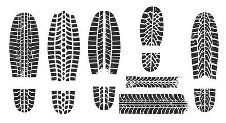 Black tire tracks and shoe prints vector illustration isolated on white background