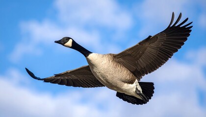 Canada goose in flight against a partly cloudy sky (1)