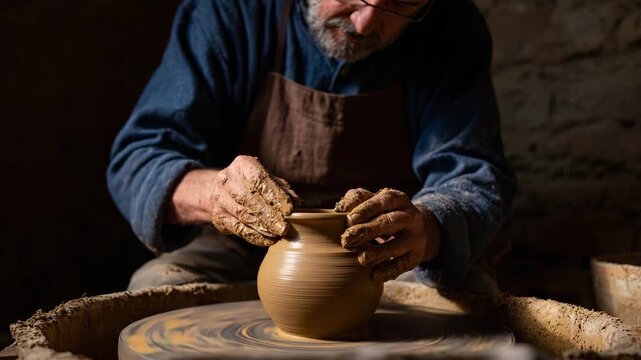An elderly craftsman skillfully shapes a pot on a pottery wheel, showcasing the art of traditional crafts and the dedication involved in creating handmade pottery.