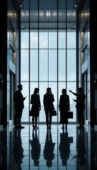 Business team silhouette in modern office building lobby near elevators and windows view