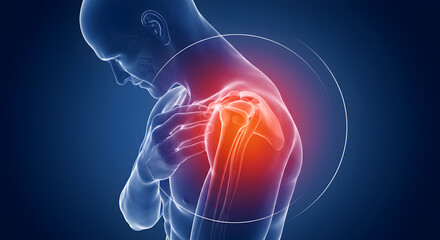 Shoulder Pain Indication in a Digital Anatomy Illustration Against a Blue Background Featuring Translucent Bone and