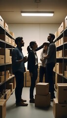 Warehouse inventory management team inspecting stock levels and storage solutions today