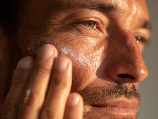 Fototapeta premium A man with sensitive skin with redness uses a medicated cream to soothe his skin. A man's red, irritated skin responds to medicated creams.