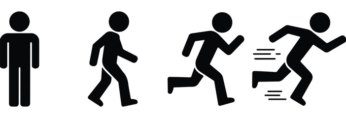 black figures walking running motion vector icon set