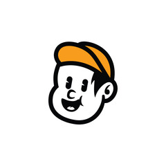 Cute cartoon boy face with orange cap and friendly smile. Simple vector mascot logo for kids brand, food packaging, streetwear, or fun branding. Editable EPS design