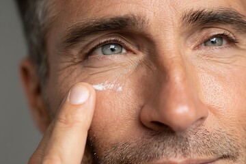 Fototapeta premium 40-year-old man uses cosmetic products to reduce wrinkles around the eyes. Take care of the skin around the eyes. Middle-aged men use eye cream.