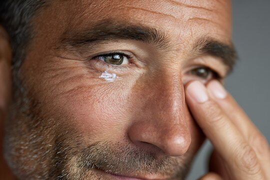 40-year-old man uses cosmetic products to reduce wrinkles around the eyes. Take care of the skin around the eyes. Middle-aged men use eye cream.
