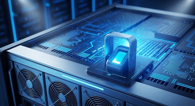 Futuristic fingerprint scanner on server rack, symbolizing advanced cybersecurity and data