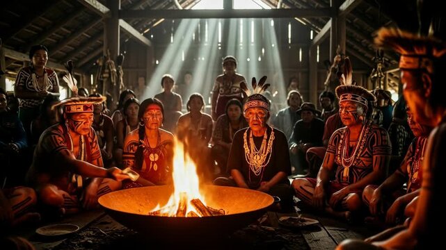 Indigenous Community Gathering Around Fire in Traditional Cultural Ceremony